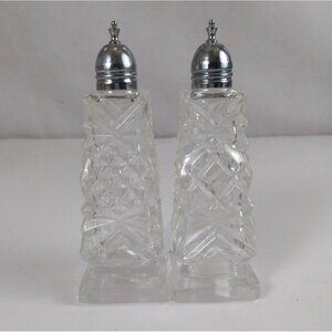 Vintage Eales Hand Cut Clear Glass Diamond Pattern Salt & Pepper Shakers Japan